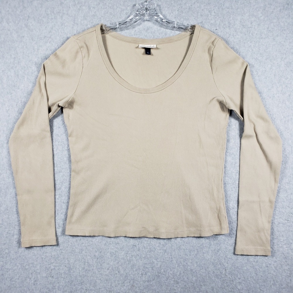 Universal Thread Women Top Scoop Neck Ribbed XL Tan Long Sleeve Basic Shirt 90s - Picture 1 of 9